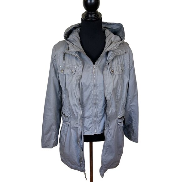 Laundry by Shelli Segal Womens Gray Zip Up Raincoat Medium Hooded Pockets Jacket - Picture 1 of 14